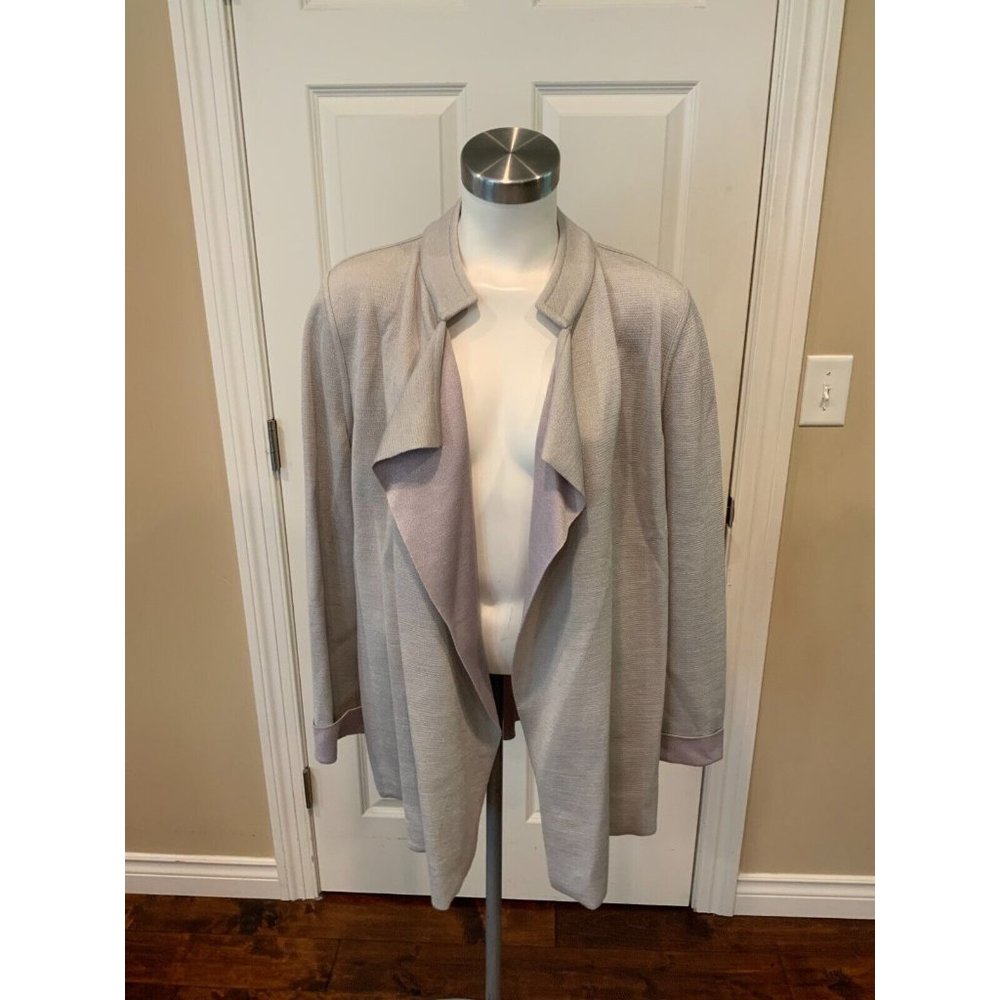 St. John Silver Open Front Cardigan w/ Purple Trim, Size 12